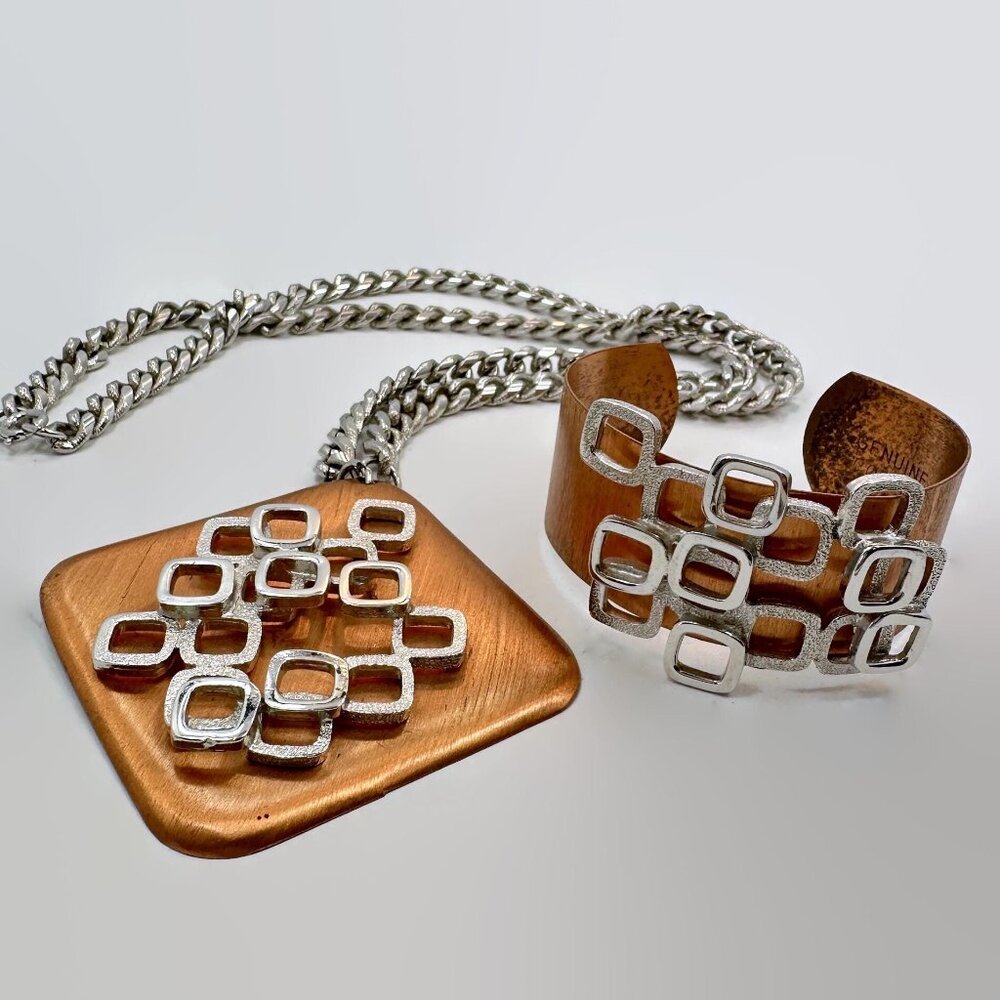 Vintage Copper & Silver Demi-Parure: Mod Necklace Cuff Bracelet Set